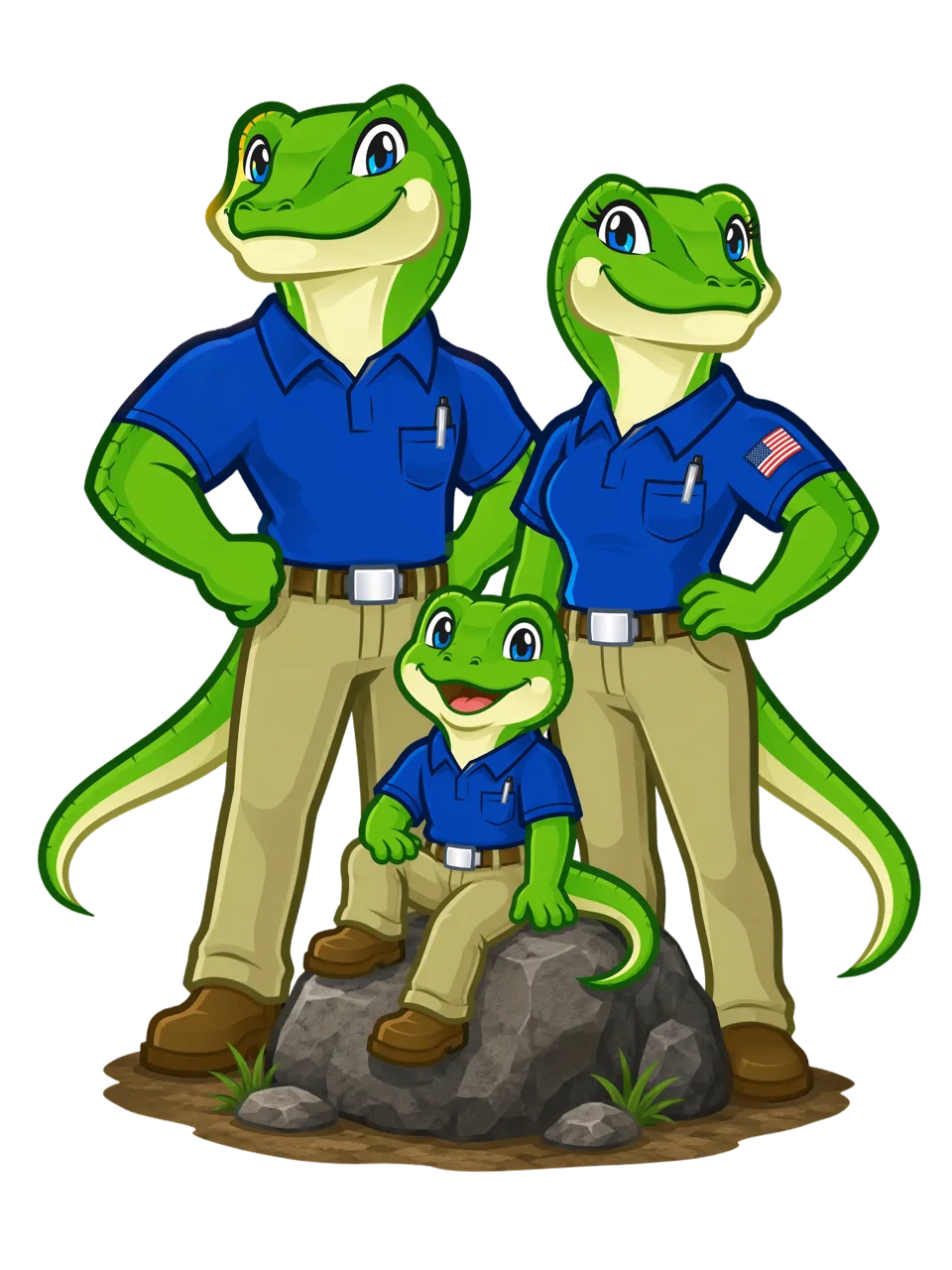 The Chillizard family — three lizard mascots in uniform
