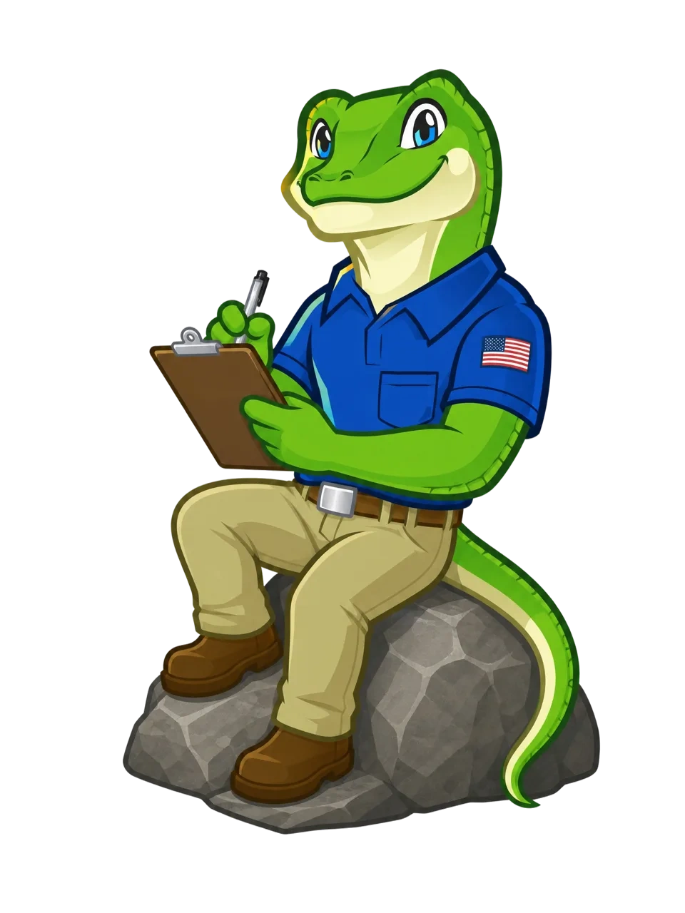 Chillizard mascot sitting on a rock taking notes on a clipboard